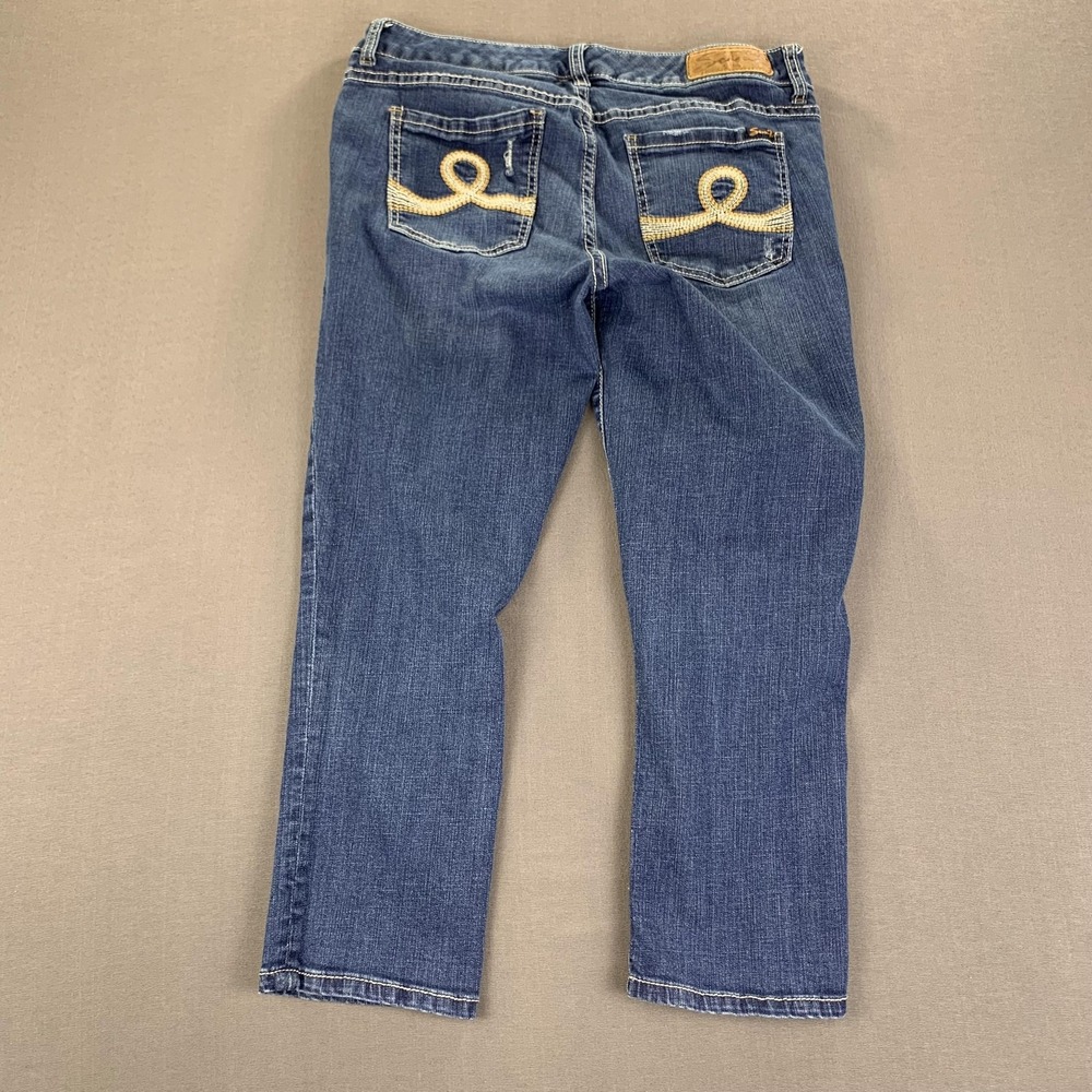 Seven7 Jeans Women 12 (33x24 Fit) Blue Mid Rise Tapered Leg Stretch Embroidered
